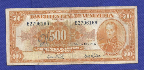 Billete 500 Bs Año 1966  -  El Canario
