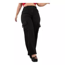 Calça Jeans Wide Leg Plus Size Cargo Preta Básica Tendência