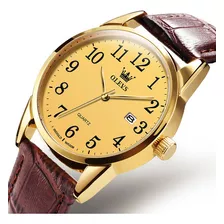 Relógio Masculino Casual Olevs Dourado Pulseira De Couro Cor Da Correia Marrom