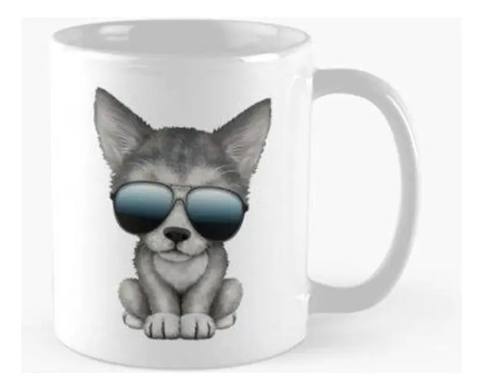 Taza Lindo Bebé Lobo Cub Con Gafas De Sol Calidad Premium Blanco Unna