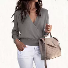 Top De Manga Larga Con Cuello En V Para Mujer Nueva De Moda