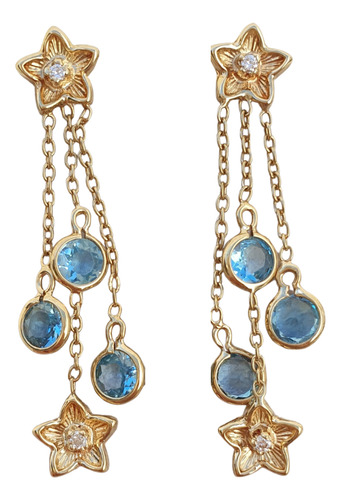 Brinco De Ouro 18k 750 Pêndulo Flores E Topázios Blue Sky Amarelo