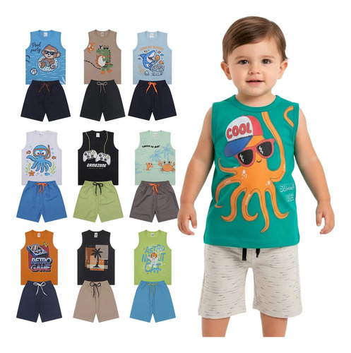 Combo 6 Peças De Roupas Bebê Menino Regata Kit 3 Conjuntos Sortidos 1 - Veste 6 A 12 Meses