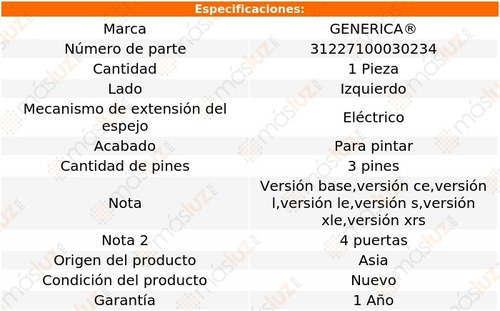 Espejo Izq Elect P/pintar 3 Pines Toyota Corolla 09/13 Foto 2