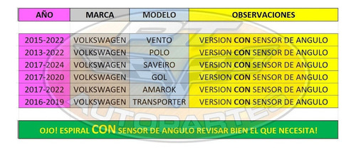 Pista Espiral Volante Bolsa Con Angulo 2015-2022 Vw Vento Foto 3