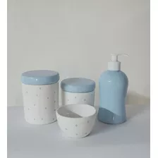 Kit Higiene Bebê Porcelana Poá Azul Antigo 04 Peças 