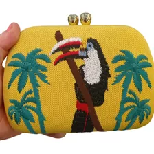 Bolsa Clutch Modelo Bordada Tucanos Em Tecido Fosco