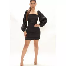 Vestido De Satén Color Negro Con Olanes Elegante 