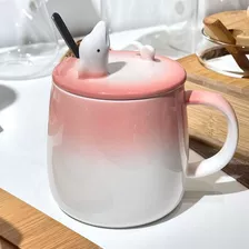 Taza Delfín Porcelana Con Tapa / Cuchara Rosado 400ml