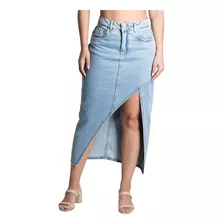 Saia Jeans Sawary Longa Lançamento Midi Com Fenda Na Frente