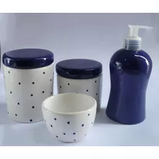 Kit Higiene Bebê Porcelana Poá Azul Marinho 04 Peças