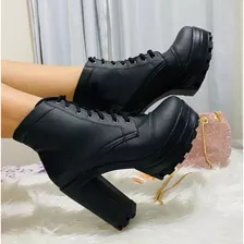 Bota Feminina Coturno Sola Tratorada Salto Alto Preto Napa