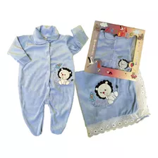 Conjunto Azul Bebê Menino Macacão + Manta + Caixa Presente