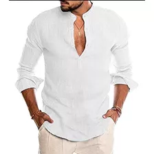 Camisa Cuello Mao Lino Hombre Con Boton Hasta La Mitad