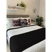 Peseira De Lã Cama Casal Padrão 180x60 Cm! Rápido Cor Preto Desenho Trança