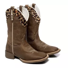 Bota Texana Country Feminina Onça Couro Bordada Laser