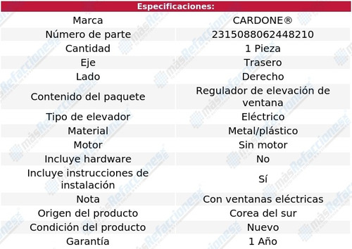 Elevador Vidrio Elect Tras Der Cardone Spectra5 05 Al 09 Foto 5