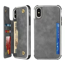 Funda Para iPhone X / Xs, Gris/tarjetero/cuero/resistente