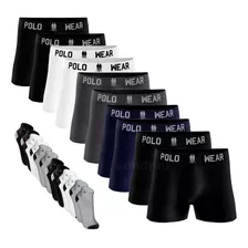 Kit 10 Cuecas Boxer Polo Wear Masculinas Adulto + 12 Meias