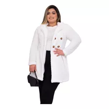 Casaco Feminino Teddy Plus Size Peludo Manga Longa Branco