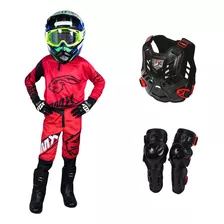 Conjunto Infantil Motocross Preto Vermelho+colete+joelheira