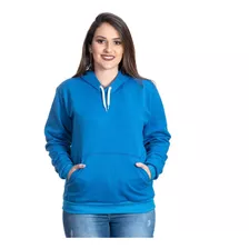 Blusa De Frio Moletom Feminino Liso Com Capuz E Bolso Azul