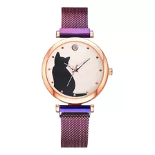 Relógio Feminino Gato Fivela Magnética + 4 Pulseiras Roxo