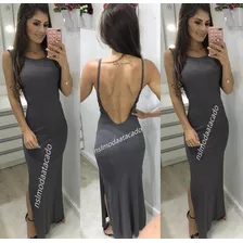 Vestido Feminino Costa Nua Malha Canelada Longo Colado