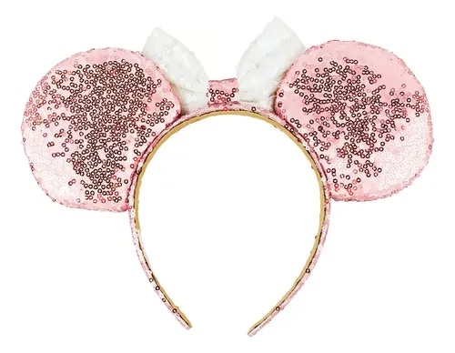 Tiara Orelhas Lantejoulas Arco Laço Branco Minnie Disney Cor Rosa