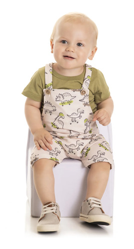 Conjunto Jardineira Bebê Menino E Camiseta Verão Sortido Verde/bege G