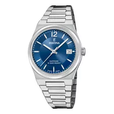 Reloj Festina Swiss Made Mujer Cristal Zafiro Suizo Correa Plateado Bisel Plateado Fondo Azul