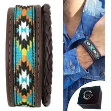 Pulseira Bracelete De Couro Masculina Marrom Indígena Étnica