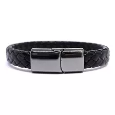 Pulseira Masculina Em Couro Preta Com Fecho Magnético