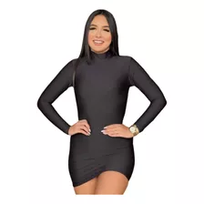 Vestido Manga Longa Gola Alta Curto Feminino Elegante