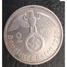 Moneda Alemana Nazi 2 Reichsmark Plata 1938 Serie D 6