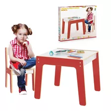 Mesa Mesinha E Cadeira Infantil Madeira Criança Vermelha