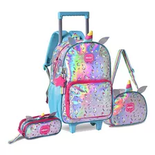 Kit Mochila De Rodinha Escolar Unicornio Holográfica Menina