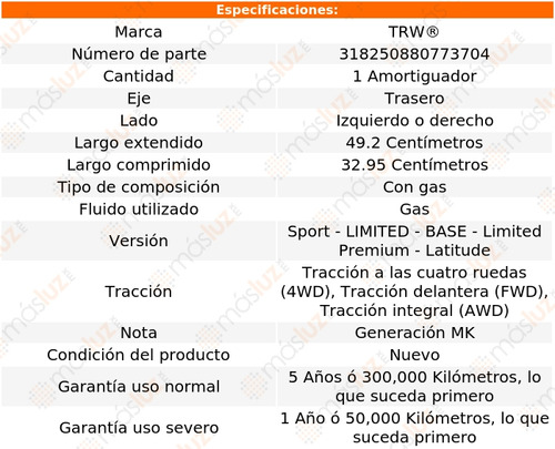 1- Amortiguador Gas Trasero Izq/der Compass 07/17 Trw Foto 2