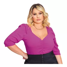 Blusinha Cropped Decote Franzido Malha Canelada Plus Size