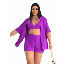 Conjunto Kimono 3 Pç Cropped, Short E Kimono Moda Praia Duna