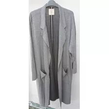 Chaqueta Mujer Larga Gris Con Bolsillos Talle Grande Impecab