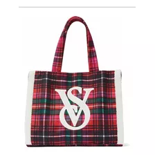 Victorias Secret Bolson Cartera Bolso Navidad Tote Tartan Acabado De Los Herrajes Niquel Color Rojo Color De La Correa De Hombro Rojo Diseño De La Tela Cuadros