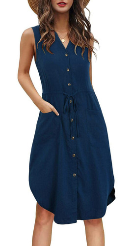 Vestido Con Cuello En V Y Cordón De Botones De Color Liso Vestido Con Cuello En V Y Cordón De Botones De Color Liso