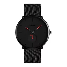 Reloj Pulsera Skmei 9185 De Cuerpo Color Negro, Analógico, Fondo Negro, Con Correa De Acero Color Negro, Agujas Color Negro Y Rojo, Dial Negro, Subesferas Color Negro, Minutero/segundero Negro Y Rojo,