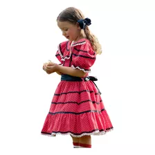 Vestido Infantil Junino Pink Bolinhas Brancas