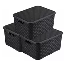 Kit C/ 3 Cesto Caixas Organizadoras Rattan 7l C/ Tampa Preto