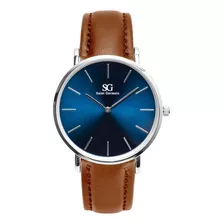 Relógio Minimalista Marrom Pulseira De Couro Bronx Blue 40mm Cor Do Bisel Prateado Cor Do Fundo Azul
