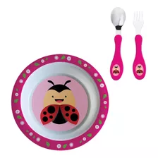 Conjunto Refeição Infantil Tigela Bowl Talheres 3 Peças Cor Joaninha Vermelho