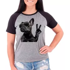Camiseta Raglan Buldog Francês Pet Dog Cinza Preto Fem06