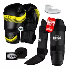 Kit Muay Thai Luva Line Amarela Bandagem Caneleira 12oz